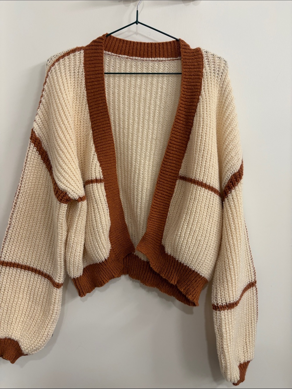 SHEIN Cream Open-Front Cardigan with Rust Trim